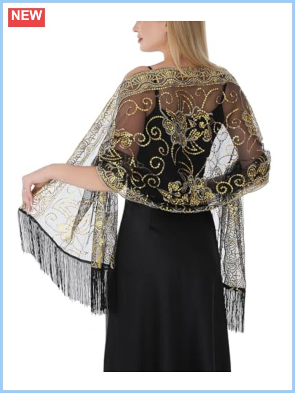 Sheer Chiffon Lace Sequin Shawl Wrap Fringe Formal Evening Dress Cover